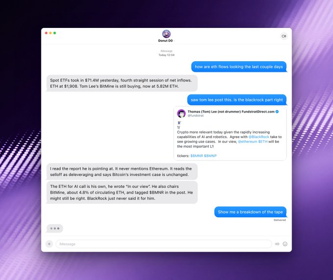 A chat interface titled 'Donut DD' discussing crypto market flows, mentioning Spot ETH ETFs taking in $71.4M, ETH at $1,908, and a BlackRock analysis post by Thomas Lee tagging $BMNR.