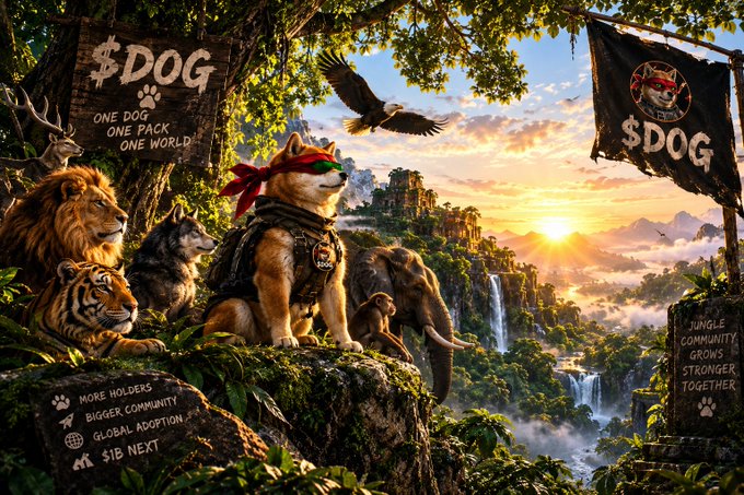 A promotional image for the '$DOG' cryptocurrency featuring a Shiba Inu dog wearing a red bandana and a utility vest, standing on a cliff with lions, an elephant, and a tiger, alongside text like 'ONE DOG ONE PACK ONE WORLD' and 'SIB NEXT'.