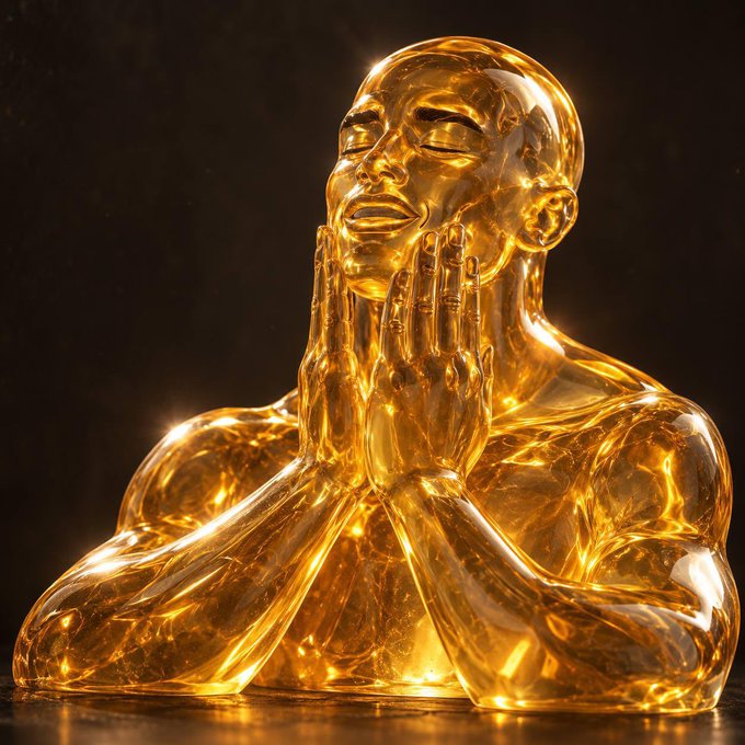 A translucent golden humanoid figure is depicted with hands pressed against its face in an expression of bliss, evoking the "Feels Good Man" meme. The glowing, ethereal appearance visually amplifies the caption's theme of euphoric relief and positivity.
