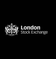 The image displays the London Stock Exchange logo, featuring a white heraldic crest beside the text "London Stock Exchange" on a black background, directly representing the institution set to launch tokenized UK equities on blockchain.