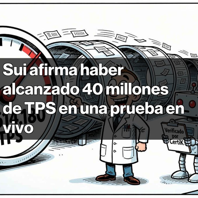 A cartoon illustration with Spanish text 'Sui afirma haber alcanzado 40 millones de TPS en una prueba en vivo,' showing a smiling scientist and robot holding a clipboard reading 'Verificado por Lertik' next to a large pressure gauge reading 14,180 TPS.