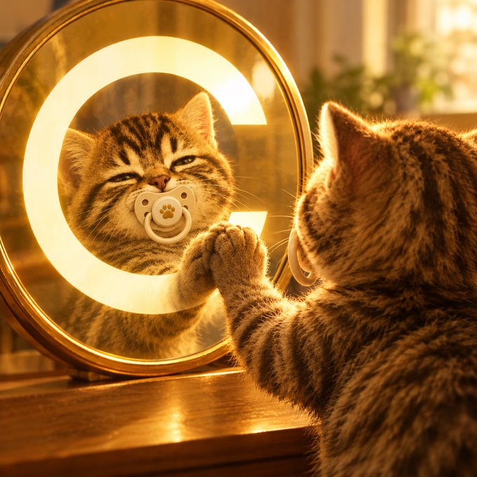 A tabby cat with a pacifier in its mouth stares at itself in a round illuminated vanity mirror, touching the glass with its paw.