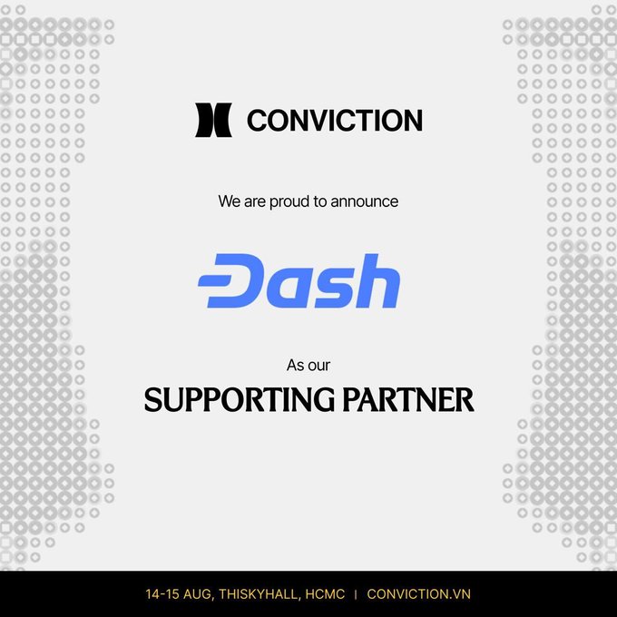 Announcement graphic stating 'Conviction is proud to announce Dash as our SUPPORTING PARTNER', with event details '14-15 AUG, THISKYHALL, HCMC | CONVICTION.VN'.