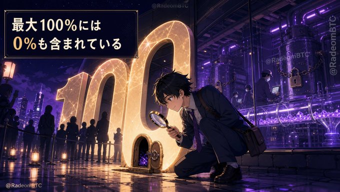 An anime-style illustration of a detective examining a glowing golden padlock with '100' displayed, with Japanese text reading '最大100%には0%も含まれている' and '@RadeomBTC' watermarks.