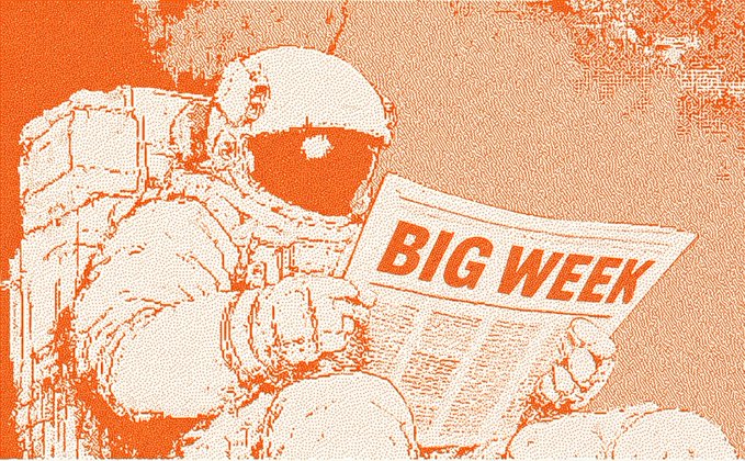 A stylized orange-toned pixel art illustration of an astronaut reading a newspaper with the headline 'BIG WEEK'.