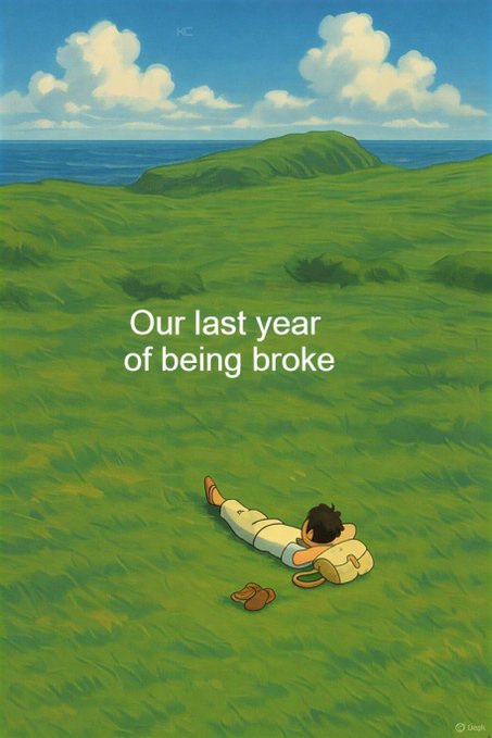 A stylized illustration shows a person lying peacefully in a vast green field near the ocean, with their brown shoes removed beside them. The text "Our last year of being broke" appears in the center, reinforcing the post's message of "Claim it" by symbolizing a hopeful, carefree future beyond financial struggle.