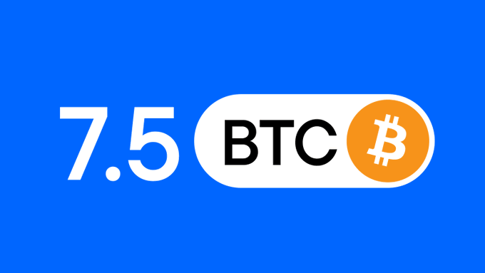 The image features a blue background with white text that reads "7.5 BTC" followed by an orange circle containing a Bitcoin symbol, which is the main focus of the image. The text also includes the words "liquidium", "more liquidity backing native Bitcoin", and "borrowing instead of selling". These elements are related to the post about Bitcoin, where it says that users are choosing to borrow against their Bitcoins rather than sell them for cash.