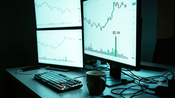 A trading setup with three monitors displaying candlestick charts and a volume bar showing '85.1M', accompanied by a mechanical keyboard and a coffee mug.