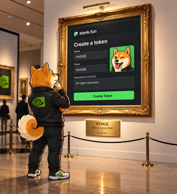 An animated anthropomorphic Shiba Inu wearing NVIDIA-branded clothing admires a framed 'Create a token' display on stonk.fun for the ticker 'NVDGE', with a plaque reading 'NVDGE Token Creation (2026)'.