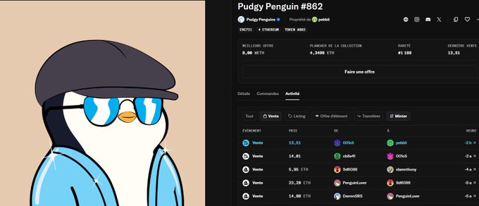 The image shows Pudgy Penguin #862, wearing an ice blue kimono and sunglasses, listed on OpenSea with metadata including a 0.06 WETH metaverse offer, 4,3489 ETH total volume, a #1,169 rarity rank, and a 13.51 ETH top bid, with recent sales of 13.33 ETH (peld6) and 14.01 ETH (sabo41) supporting the post's claim of a strong 13.51 ETH sale and active collector accumulation.