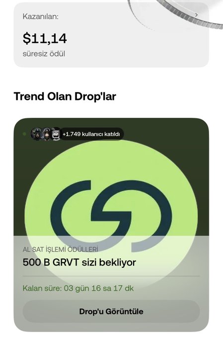 The image shows an OKX X Drops interface in Turkish, displaying "Kazananlar: $11,14 süresiz ödül" (Winners: $11.14 unlimited reward) and a "Trend Olan Drop'lar" (Trending Drops) section featuring a GRVT token event (+1,749 participants) offering "500 B GRVT sizi bekliyor" (500 B GRVT awaits you) with 3 days, 16 hours, and 17 minutes remaining. The accompanying post promotes the OKX X Drops event for GRVT, where users can earn tokens based on daily trading volumes by maintaining a minimum $1,000 balance.
