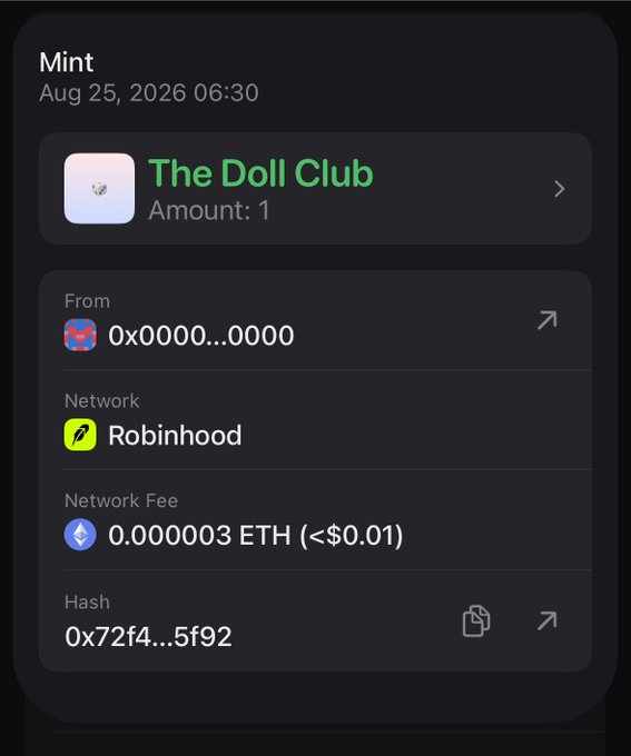 A digital wallet interface displays a 'Mint' transaction for 'The Doll Club' with Amount 1, from address 0x0000...0000, on the Robinhood network, with a network fee of 0.000003 ETH.