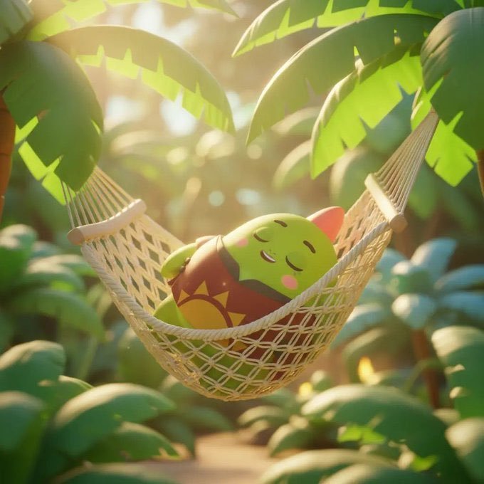 A cute, green cartoon character rests peacefully in a hammock amidst a lush, sun-drenched tropical jungle. The image serves as a visual metaphor for the ease and relaxation that long-term user loyalty can bring to a Web3 product.