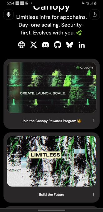 A mobile screenshot of the Canopy website promoting 'Limitless infra for appchains. Day-one scaling. Security-first. Evolves with you' with sections for 'CREATE. LAUNCH. SCALE.' and 'LIMITLESS'.