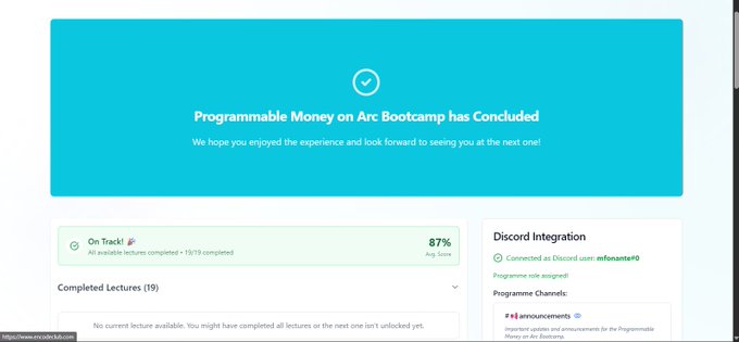 A completion screen for a 'Programmable Money on Arc Bootcamp' showing 87% progress, with sections for Completed Lectures and Discord Integration.