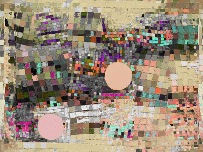 an abstract mixed-media artwork features a grid of small, colorful textured squares and two pale pink dots on a light background.