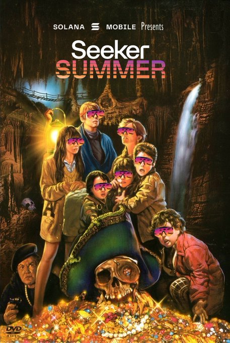 A 'Seeker Summer' parody movie poster by Solana Mobile, styled like a Goonies DVD cover with characters wearing pink sunglasses over their eyes.