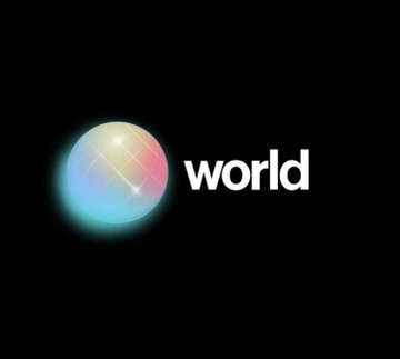A black screen features a glowing multicolored orb next to the word 'world' in white lowercase text, resembling the Worldcoin logo.