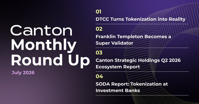 The image is a "Canton Monthly Round Up" graphic for July 2026, listing four key stories: "DTCC Turns Tokenization into Reality" (01), "Franklin Templeton Becomes a Super Validator" (02), "Canton Strategic Holdings Q2 2026 Ecosystem Report" (03), and "SODA Report: Tokenization at Investment Banks" (04). It visually previews the accompanying post about DTCC's first live production trades on Canton and references the SODA tokenization survey mentioned in the text.