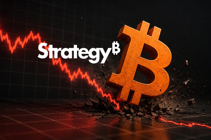 A dramatic 3D graphic showing the Bitcoin 'B' symbol shattering the ground next to a declining red chart line, with the text 'Strategy' displayed alongside.