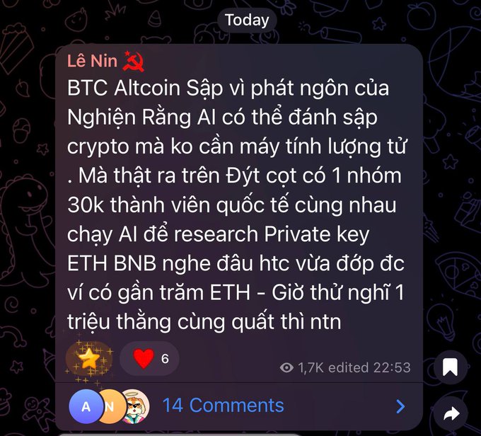 A social media post in Vietnamese by "Lê Nin" discussing cryptocurrency topics, including Bitcoin, AI, and Ethereum private keys, with 1.7K views and 14 comments.