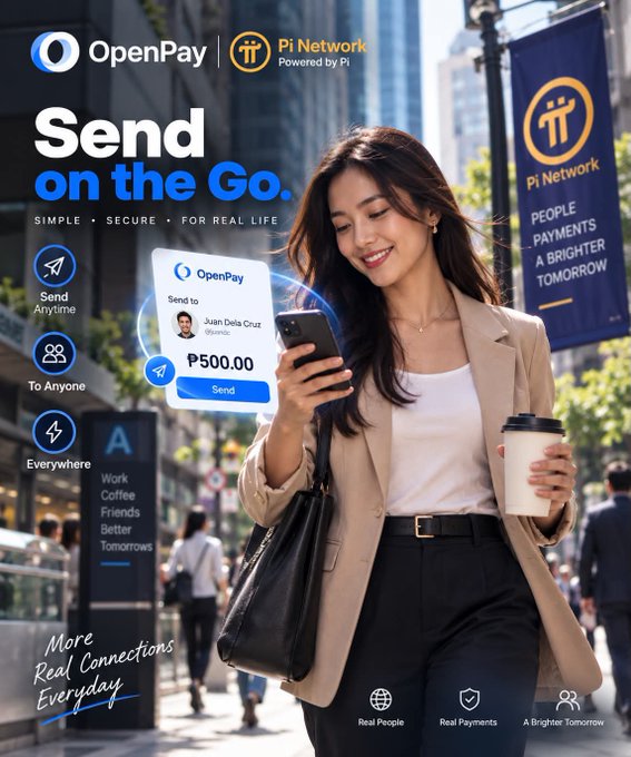 An advertisement for OpenPay and Pi Network shows a smiling woman holding a phone and coffee, with text reading 'Send on the Go. SIMPLE • SECURE • FOR REAL LIFE'.