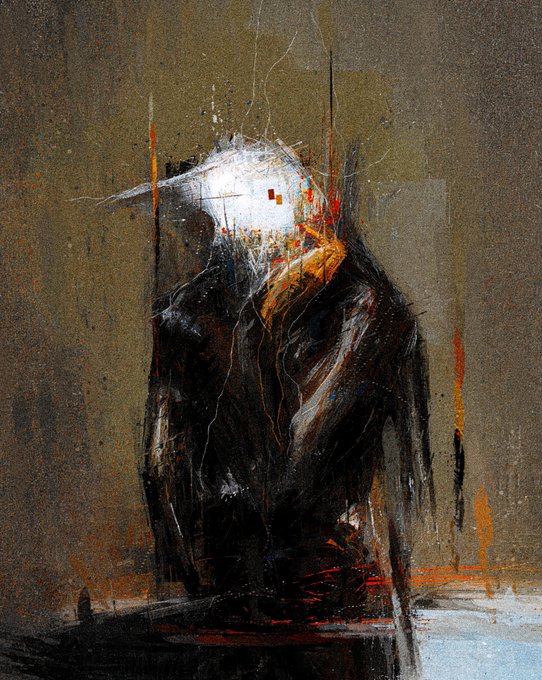 A dark, abstract, expressionist painting of a figure with a white, blocky head and a dark, textured body against a brown background with thin vertical lines.