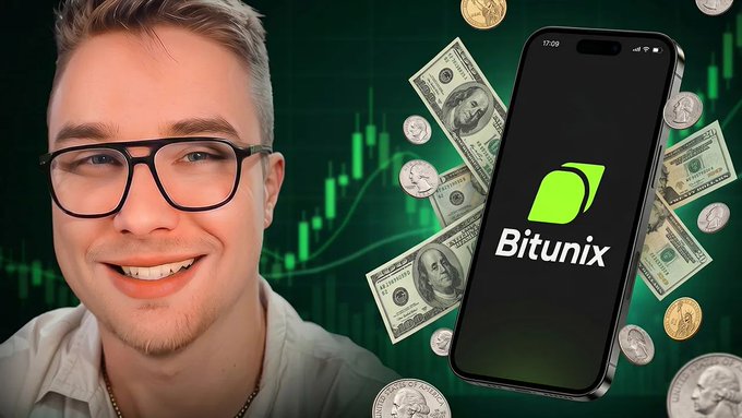 A promotional thumbnail featuring a smiling young man wearing glasses alongside a smartphone displaying the 'Bitunix' app logo, surrounded by floating US dollar bills, silver and gold coins, with a green candlestick chart in the background.