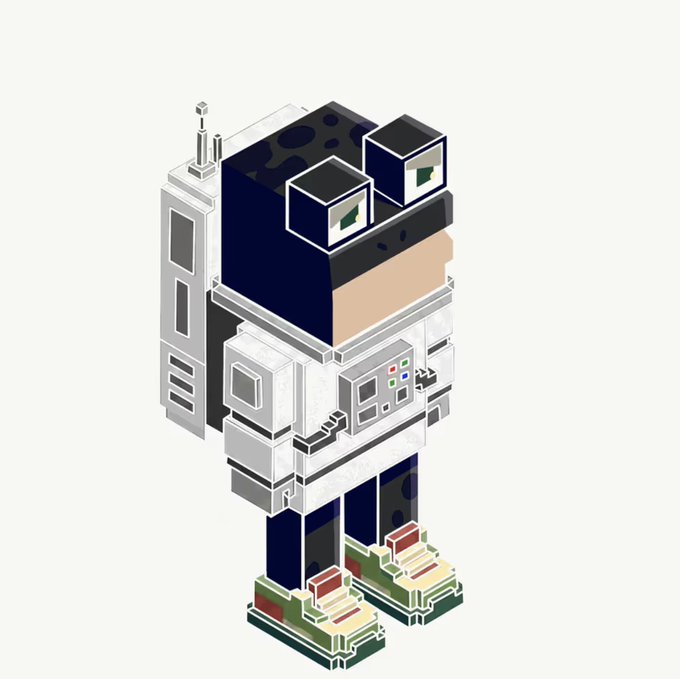 A pixelated voxel-style astronaut character with a large boxy helmet, dark navy body, white spacesuit details, and green-tinted sneakers stands against a white background. The artwork complements the post's praise for the project's clean art and strong design, embodying the "dope AF" aesthetic the author admires.