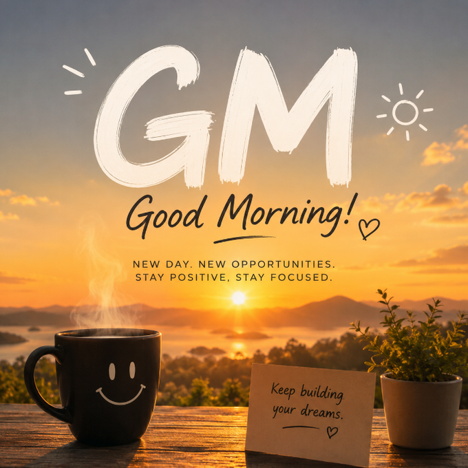 A cheerful "GM Good Morning!" graphic featuring a smiling coffee mug on a wooden table beside a handwritten note reading "Keep building your dreams," set against a glowing sunrise landscape, with the motivational caption reinforcing themes of discipline, patience, and steady progress in the crypto market.