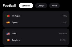 The image shows a "Football Schedule" interface featuring Portugal vs. Spain today at 20:00 and USA vs. Belgium tomorrow at 01:00, complementing the post's mention of Polymarket traders betting on Ronaldo, Yamal, and Portugal's performance in their match against Spain.

**Key texts visible:** "Football Schedule", "Portugal", "Spain" (20:00, Today), "USA", "Belgium" (01:00, Tomorrow), along with tabs for Schedule, Groups, and News.
