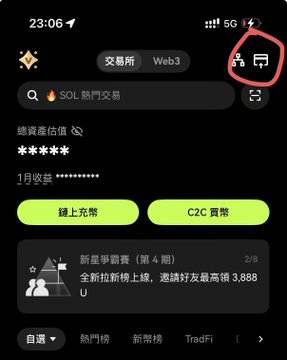 A screenshot of a cryptocurrency app interface in Chinese, with a red circle highlighting a wallet/transfer icon in the top right corner. The app shows options for SOL hot wallet, top-up, and C2C trading.