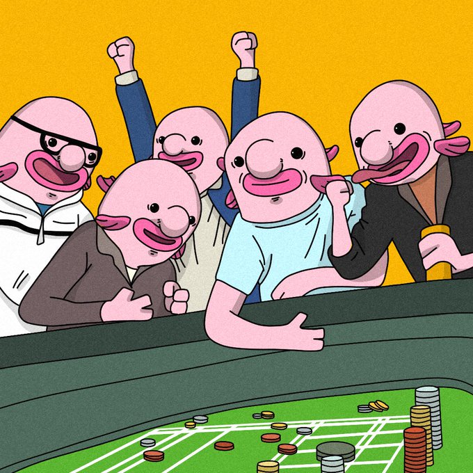 An illustration depicts five bald, pink-skinned cartoon characters cheering enthusiastically at a craps table with chips stacked on a green felt surface.