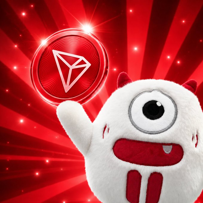 A one-eyed red and white plush monster holds up a glowing red TRX (Tron) cryptocurrency coin against a dynamic red radial background with sparkle effects, symbolizing the bullish breakout potential and ascending triangle pattern forming in TRX's price chart.