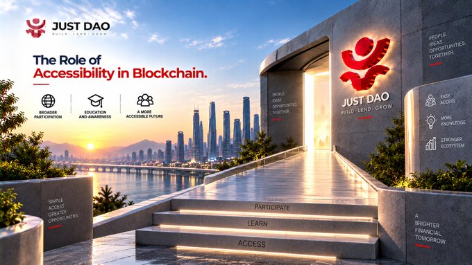 A promotional graphic for 'JUST DAO' titled 'The Role of Accessibility in Blockchain,' featuring a golden monument by the water with a city skyline in the background.