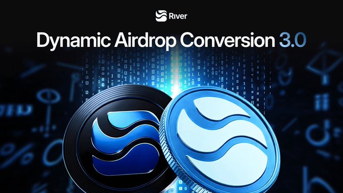 A dark promotional graphic for 'River' advertising 'Dynamic Airdrop Conversion 3.0' featuring two metallic blue coins with the River logo set against a digital data background.