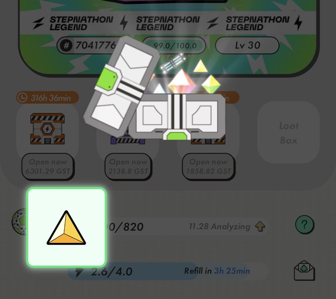A screenshot of the STEPN/STEPN GO mobile app showing a "STEPNATHON LEGEND" event with an opened loot box displaying GST rewards (6301.29, 2138.8, and 1858.82 GST), Level 30 status, ID #7041776, and energy at 2.6/4.0, with a glowing yellow sneaker/shuttle icon highlighted. The image relates to the post as it showcases the user's step-earning activity and NFT loot box rewards from the STEPN/STEPN GO move-to-earn platform.