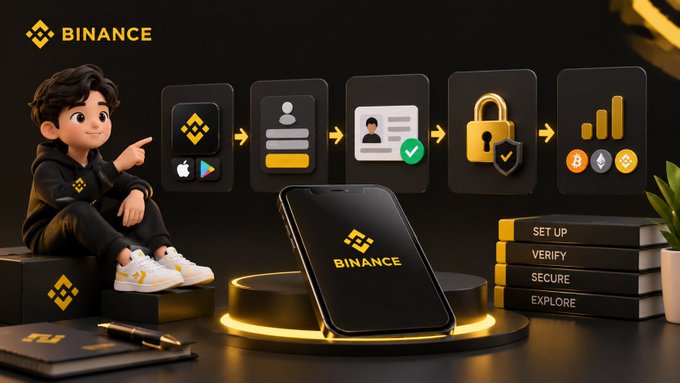 A Binance cryptocurrency promotional graphic showing a cartoon mascot and a phone displaying the Binance app, with steps labeled 'SET UP', 'VERIFY', 'SECURE', and 'EXPLORE'.