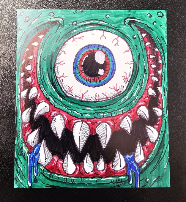 A hand-drawn illustration depicts a monstrous green creature with a single bloodshot eye, a wide mouth full of sharp teeth, and blue liquid dripping from its jaws.