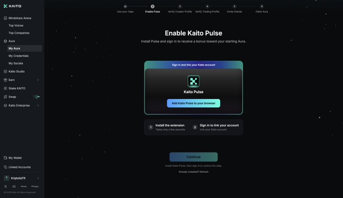 The image shows the Kaito AI interface with an "Enable Kaito Pulse" page, featuring a button to add the Kaito Pulse browser extension. A message below indicates "Install Kaito Pulse, then sign in to unlock this step. Already installed? Refresh." This relates to the post about setting up the Kaito Pulse extension to start earning Aura points for the airdrop.