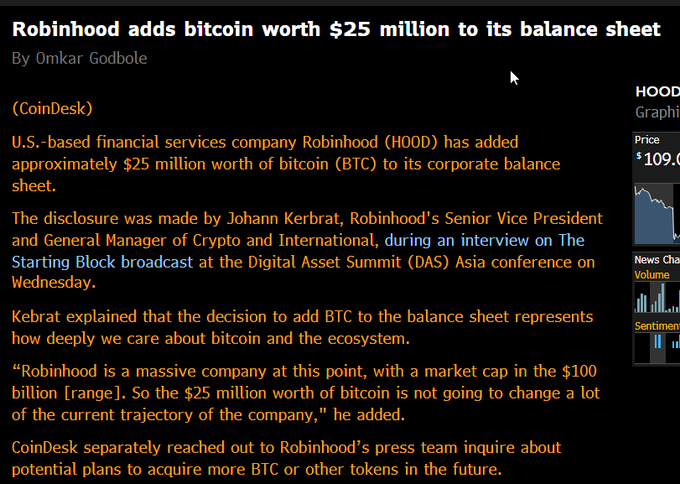 CoinDesk article titled 'Robinhood adds bitcoin worth $25 million to its balance sheet' by Omkar Godbole, reporting that financial services company Robinhood (HOOD) added approximately $25 million in BTC to its corporate balance sheet, as disclosed by Johann Kebrat.