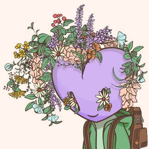 A stylized illustration of a character with purple skin wearing a green hoodie and brown backpack straps, whose head is entirely replaced by a large, lush arrangement of colorful wildflowers including daisies, lavender, and dandelions with butterflies and bees flying among the blooms.