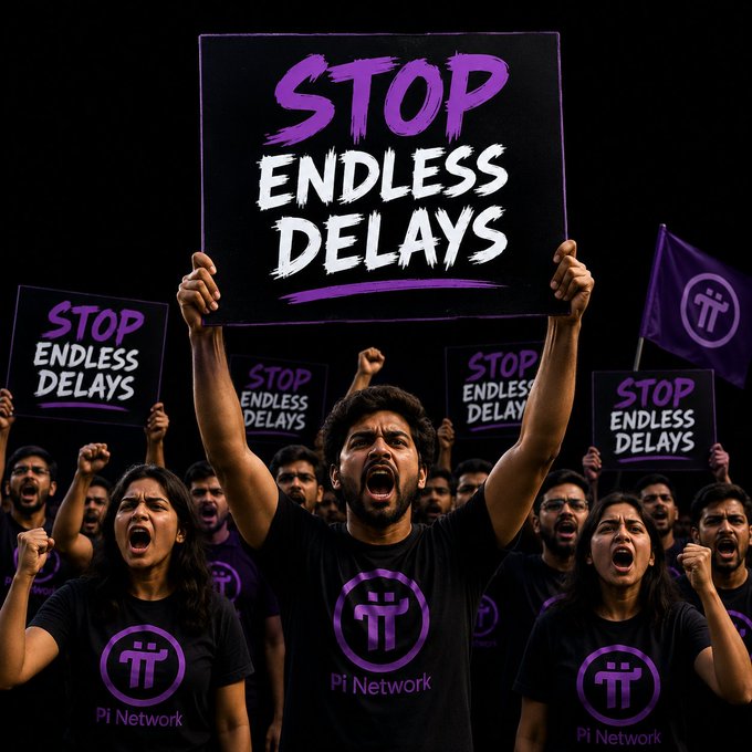 Angry Pi Network supporters wearing branded t-shirts protest by holding signs reading "STOP ENDLESS DELAYS," expressing frustration over the prolonged wait for promised products like PiDex and the DApps launchpad.