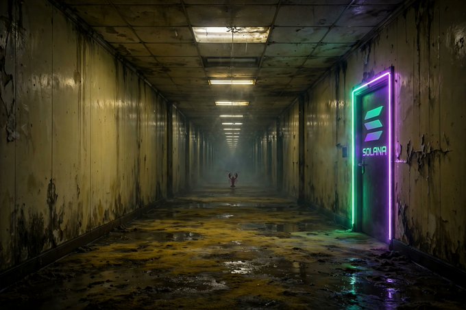A moody, atmospheric image of a dilapidated hallway illuminated by fluorescent lights, featuring a glowing neon sign reading 'SOLANA' on the right wall.