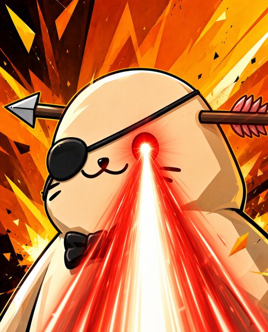 A stylized cartoon illustration of a cute cat character wearing an eyepatch and bow tie, with an arrow through its head and a red laser beam shooting from its eye against an explosive orange background.
