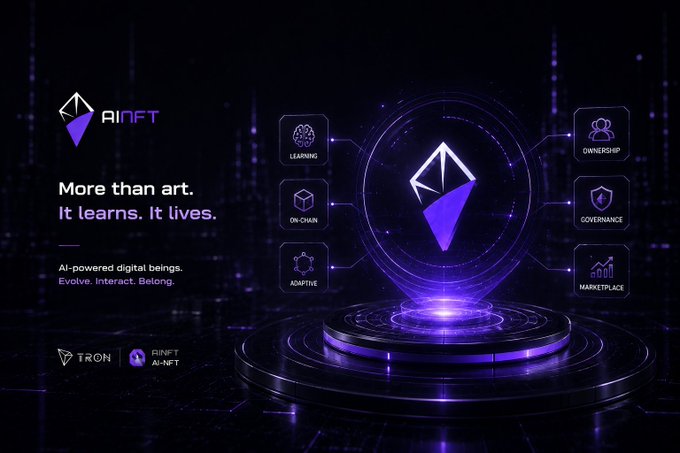A promotional graphic for 'AI NFT' with the tagline 'More than art. It learns. It lives.' featuring a purple diamond-shaped logo and icons for Learning, Ownership, On-Chain, Governance, Adaptive, and Marketplace features.