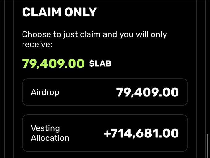 A digital interface screen showing a 'CLAIM ONLY' option for a crypto token, detailing an Airdrop of 79,409.00 $LAB and a Vesting Allocation of +714,681.00.