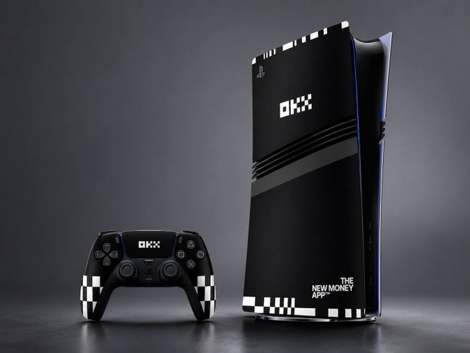A black PlayStation 5 console and DualSense controller with OKX branding stand together against a dark gray background, displaying the "OKX" logo and "THE NEW APP MONEY" tagline to promote the crypto exchange's $1,500 PS5 Pro and GTA VI giveaway.