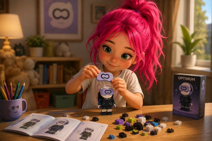 Anime-style illustration of a pink-haired girl playing with Optimium brand building blocks/toy figures at a desk with colored pencils, an instruction booklet, and decorative packaging box.
