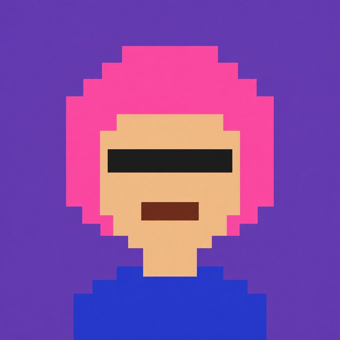 A pixel-art style avatar featuring a figure with bright pink hair, a tan face with a black visor across the eyes, a small brown mouth, and a blue shirt, set against a purple background. The retro 8-bit portrait likely serves as a stylized identity image for the wallet recipient announcement, giving a playful, digital-native vibe to the "First 100 wallets" teaser.